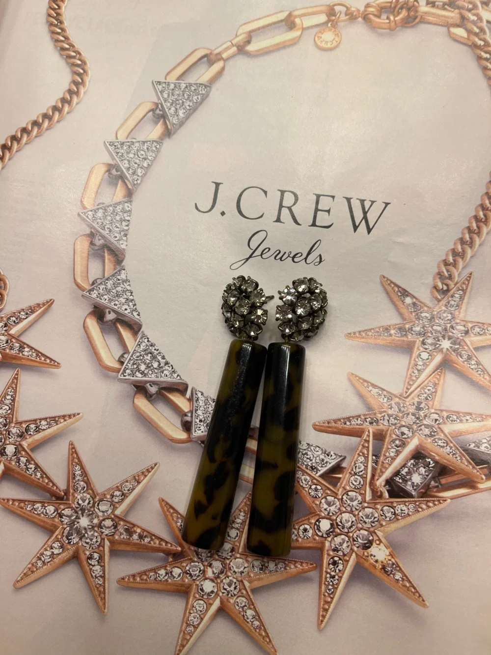 Vintage J.Crew Tortoiseshell Drop Earrings with Rhinestone Cluster